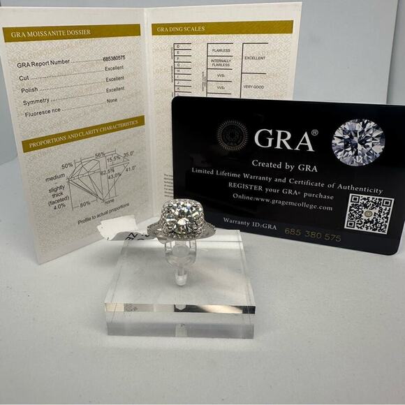 Moissanite Round Cut Cushion Cut Halo Ring Brilliant 1 Ct GRA Certified Size 5 - Picture 3 of 12